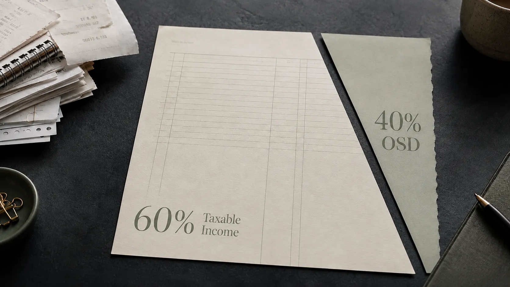 Piece of paper cut at 60% and 40%, along pile of receipts