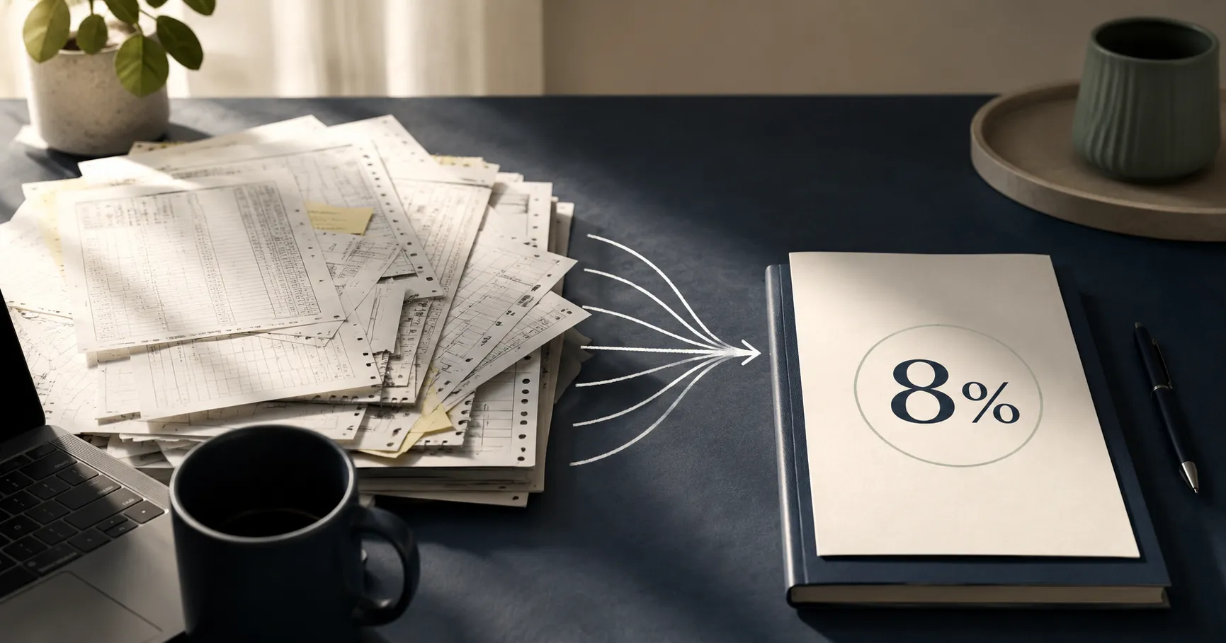 Tax records leading toward a book marked 8 percent