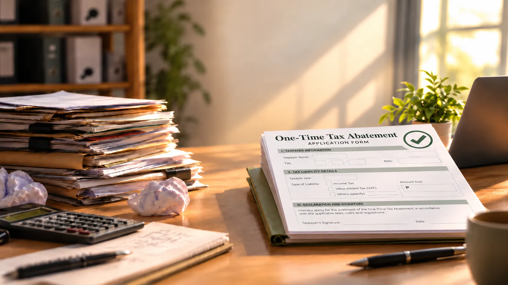 Illustration of a tax abatement application form beside stacked documents and a calculator on a sunlit desk.