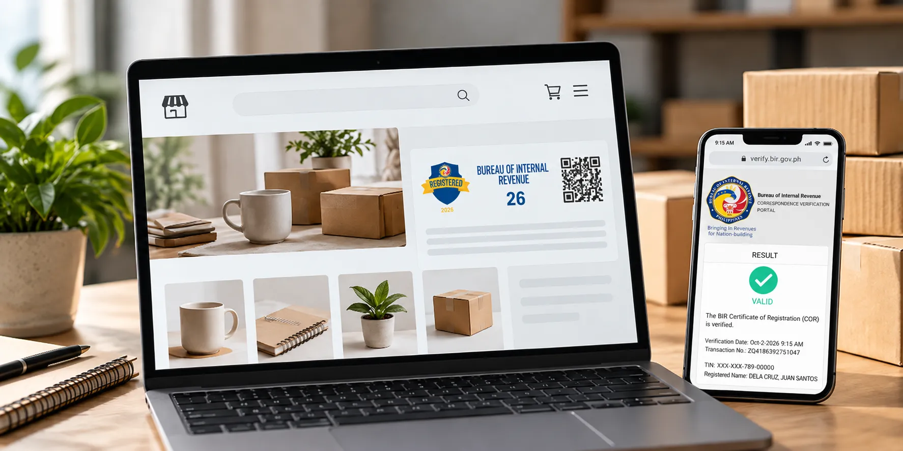 Illustration of a laptop displaying a registration seal badge and a phone showing a verification result beside shipping boxes.