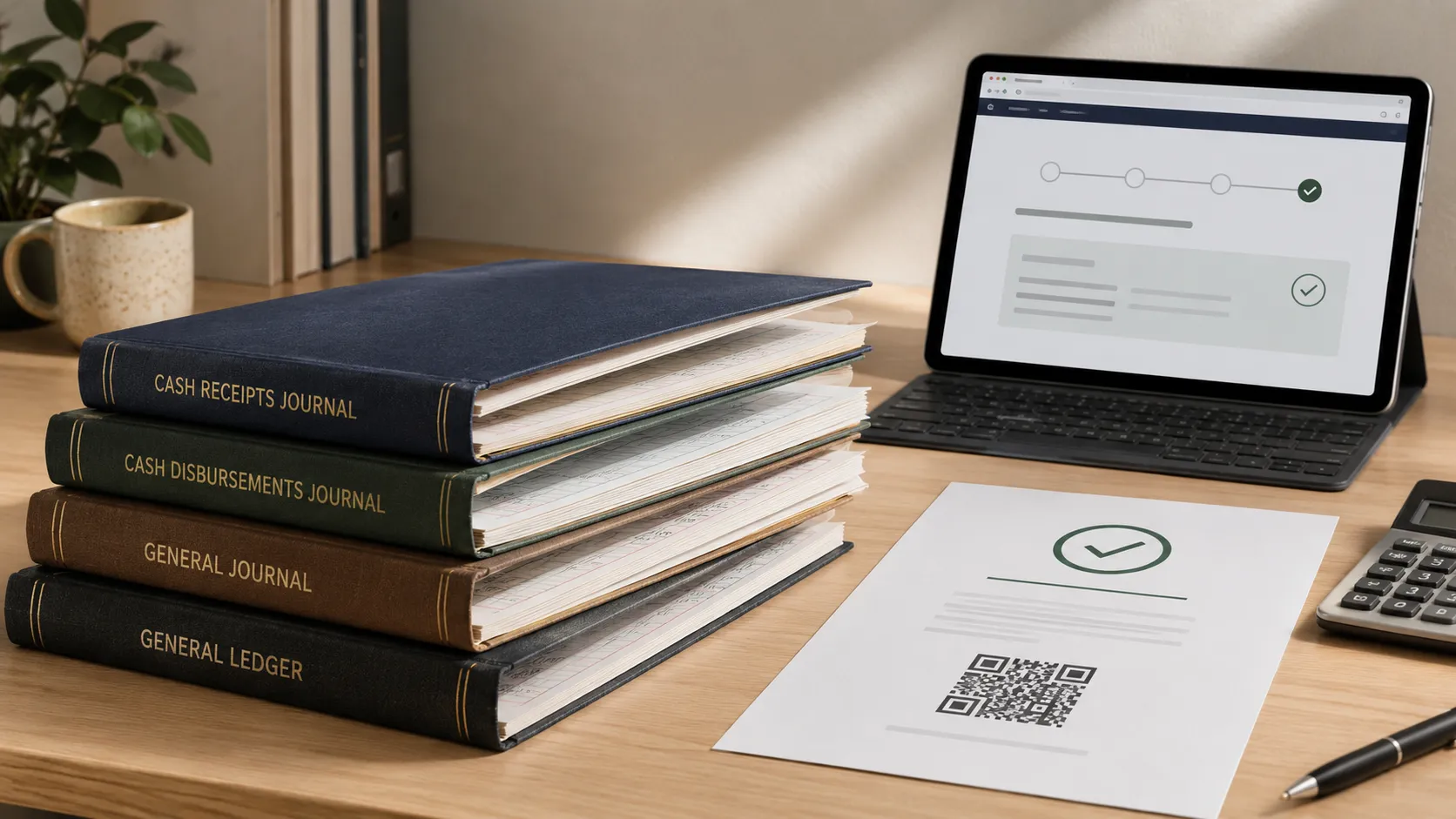 Bound books of accounts beside a tablet showing a registration workflow