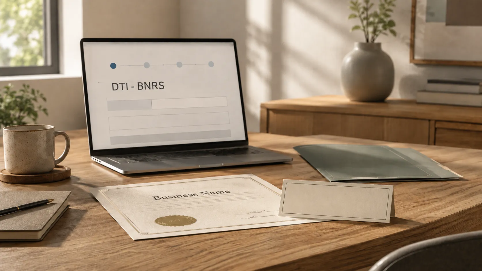 Laptop showing DTI-BNRS, and Business Name Certificate