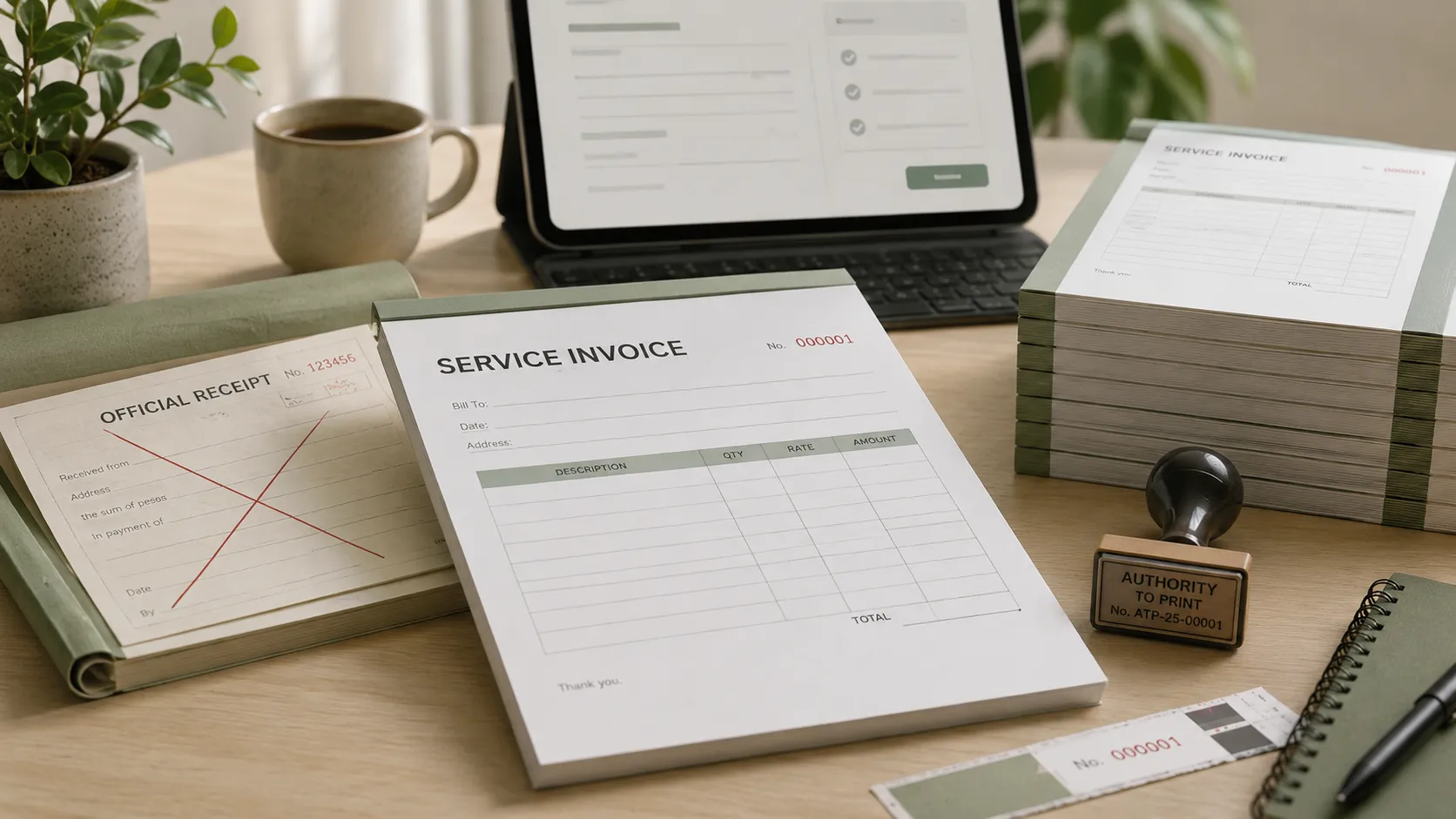 Service invoice pads, a crossed-out official receipt, and a stamp